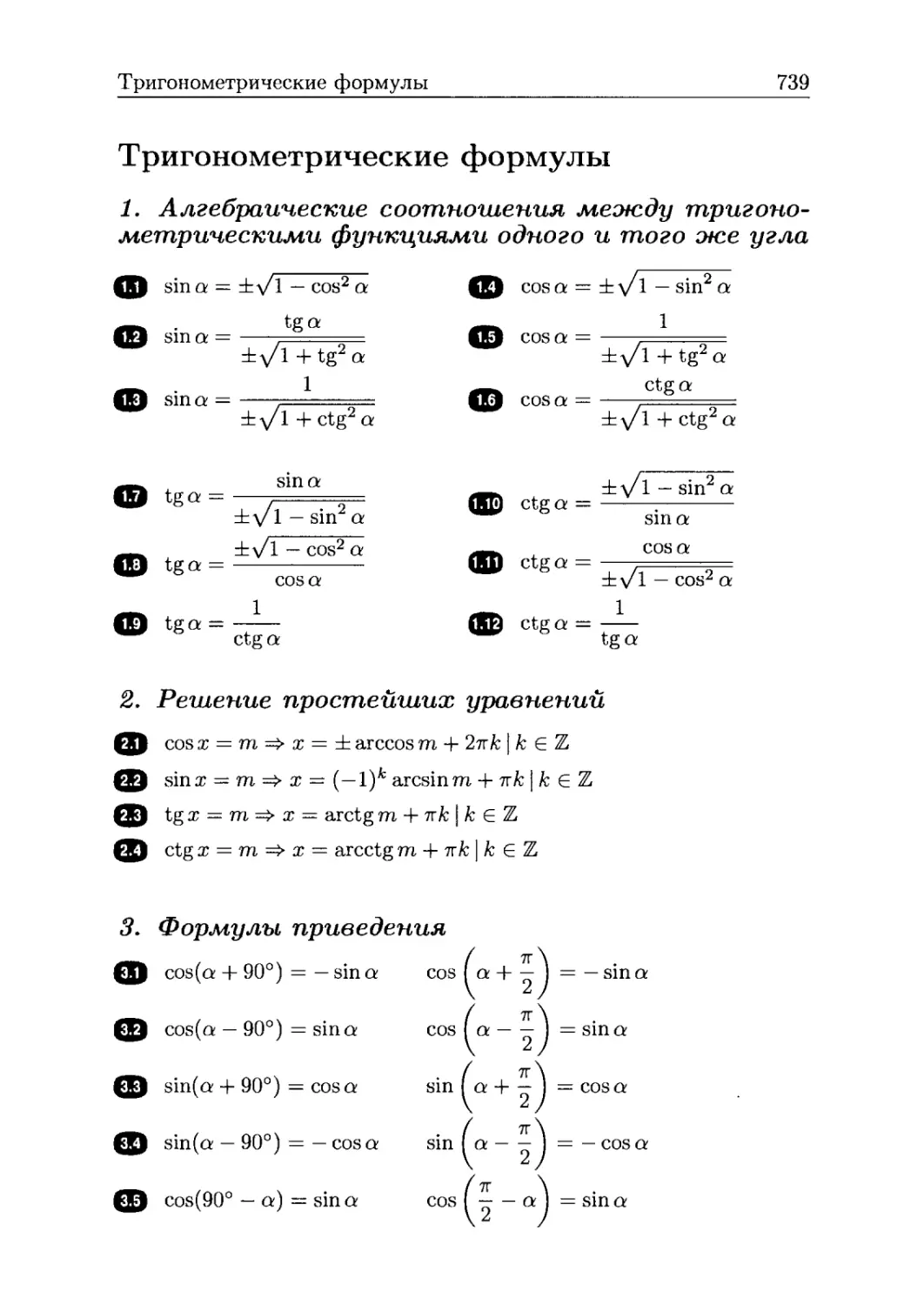 Тригонометрические формулы
1. Алгебраические соотношения между тригонометрическими функциями одного и того же угла
2. Решение простейших уравнений
3. Формулы приведения