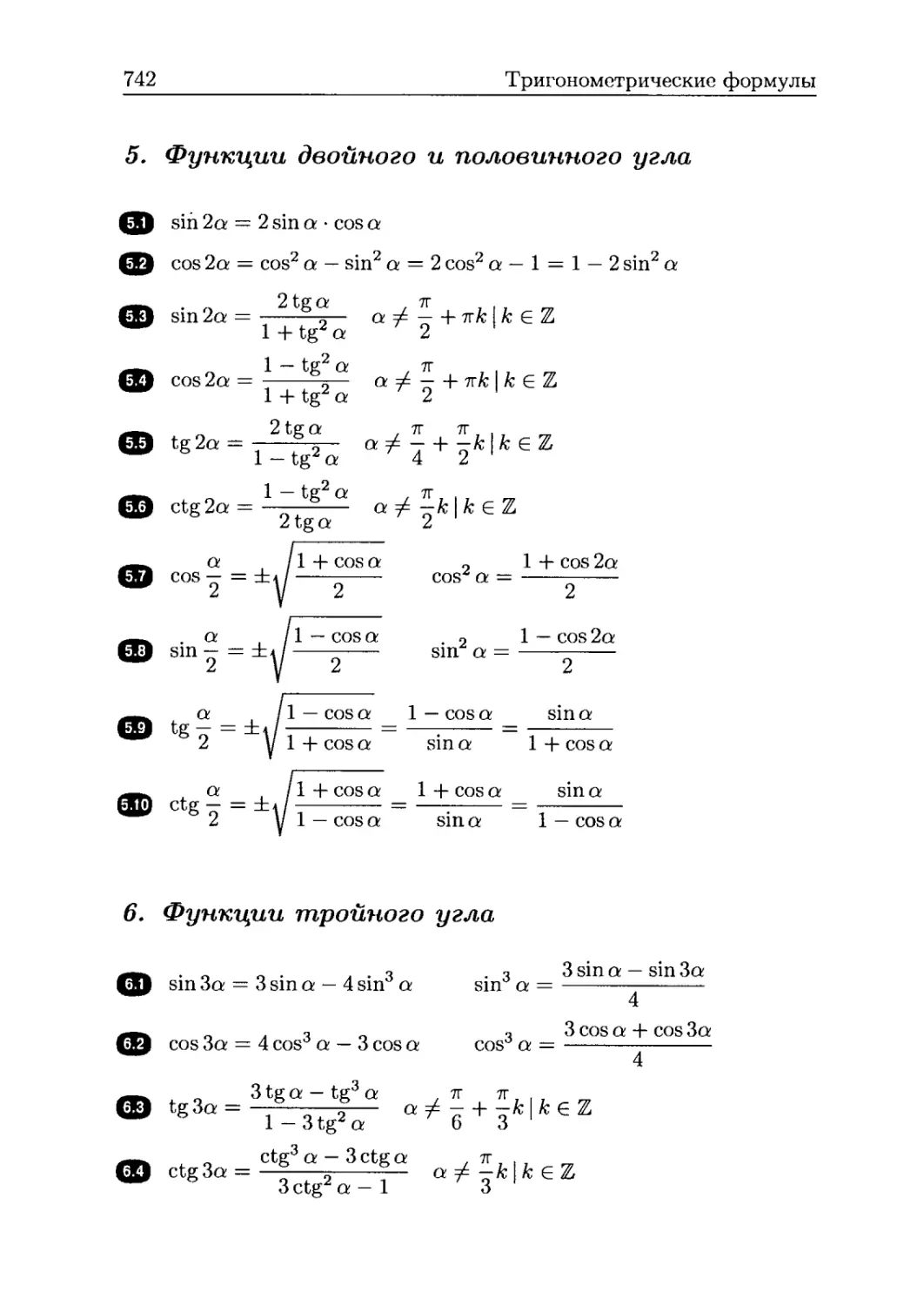 5. Функции двойного и половинного угла
6. Функции тройного угла