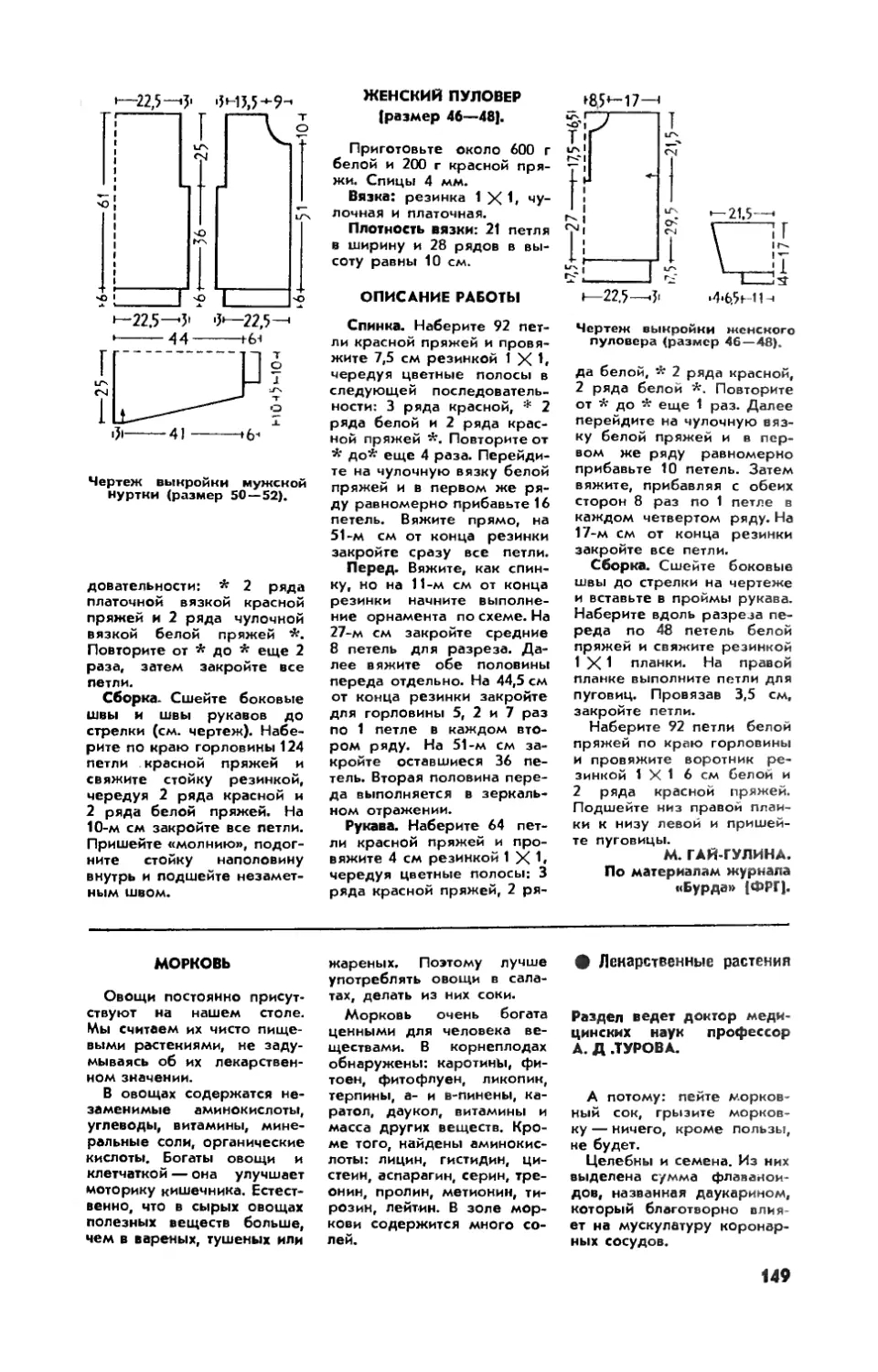 М. ГАЙ-ГУЛИНА — Женский пуловер
А. ТУРОВА, докт. мед. наук — Морковь