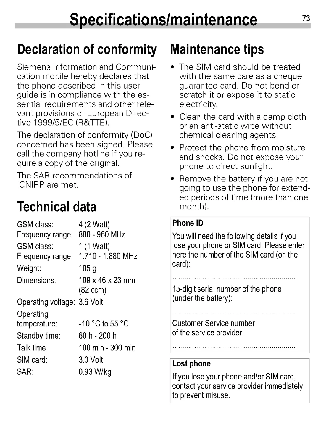 Specifications/maintenance