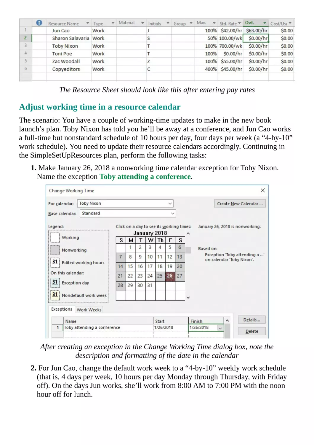 Adjust working time in a resource calendar