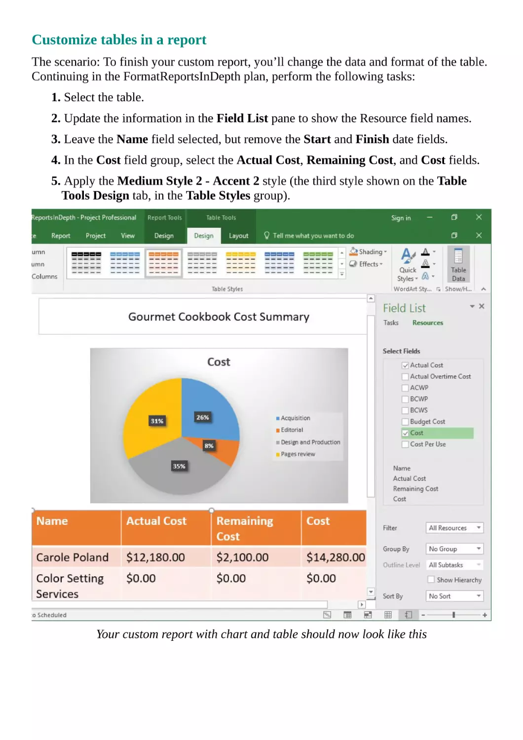 Customize tables in a report