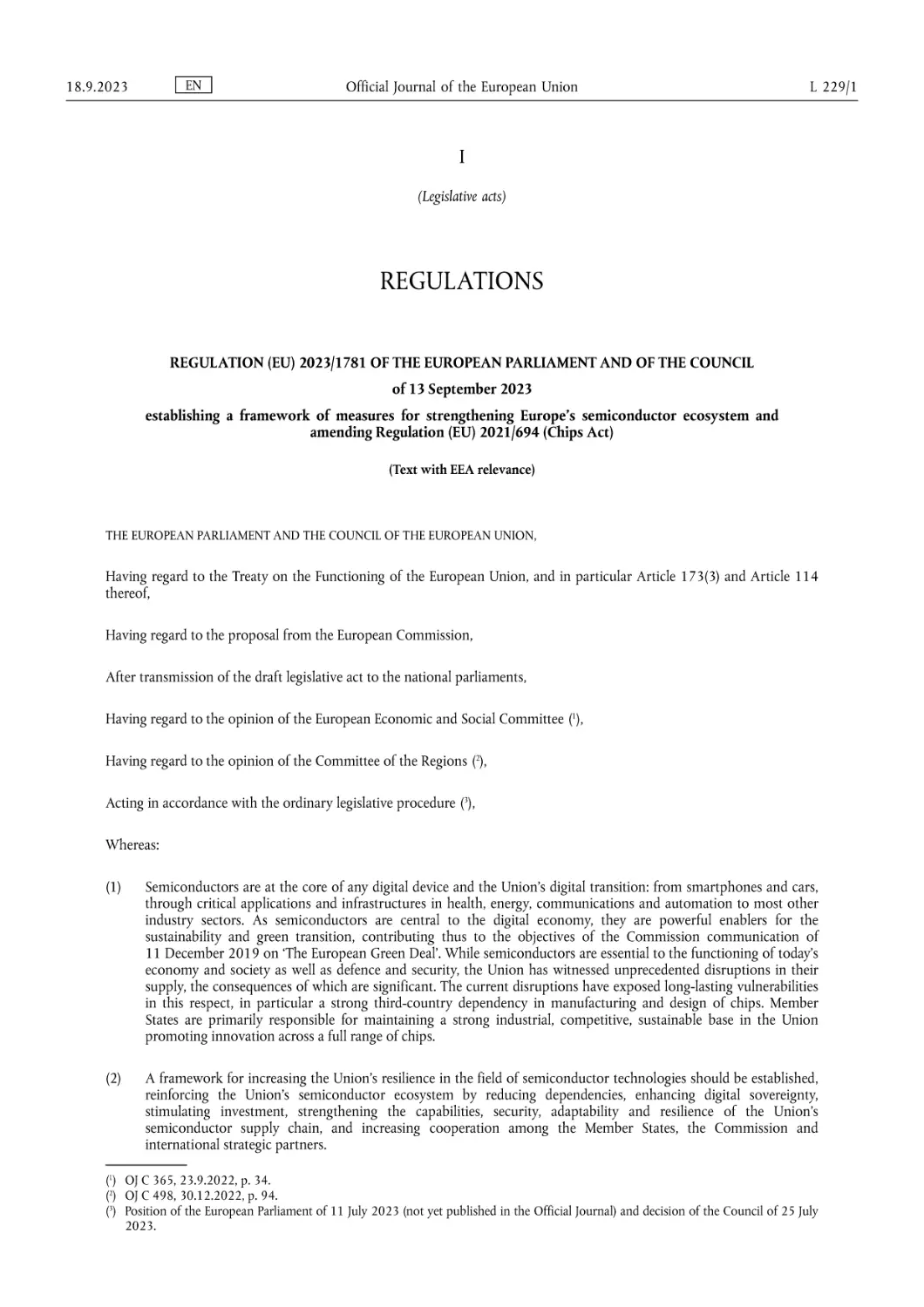 Regulation (EU) 2023/1781 of the European Parliament and of the Council of 13 September 2023 establishing a framework of measures for strengthening Europe’s semiconductor ecosystem and amending Regulation (EU) 2021/694 (Chips Act)