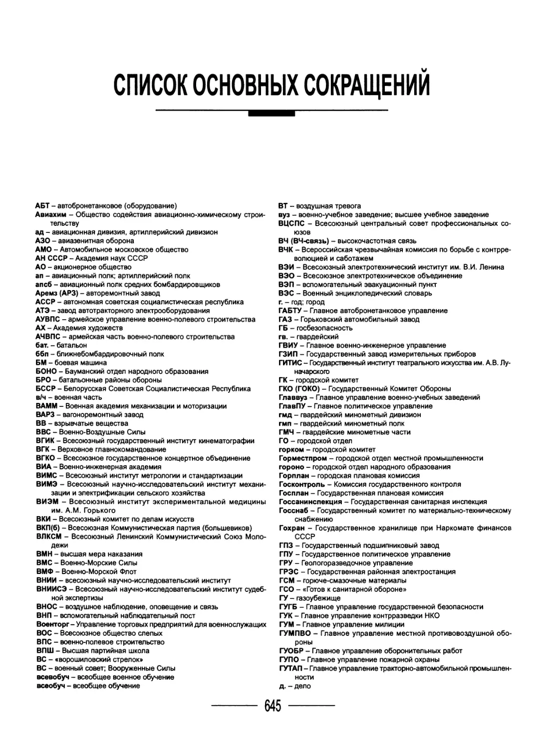 СПИСОК ОСНОВНЫХ СОКРАЩЕНИЙ