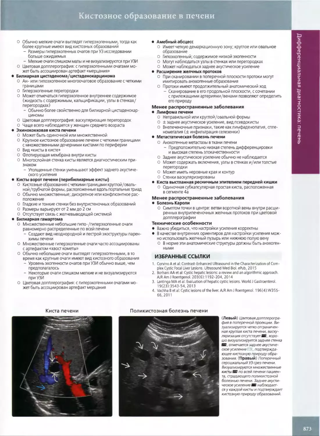 Кистозное образование в печени
•	Билиарная цистаденома/цистаденокарцинома
•	Эхинококковая киста печени
•	Кисты ворот печени (перибилиарные кисты)
•	Билиарная гамартома
•	Амебный абсцесс
•	Расширение желчных протоков
•	Лимфома печени
•	Метастатическая болезнь печени
•	Болезнь Кароли
ИЗБРАННЫЕ ССЫЛКИ