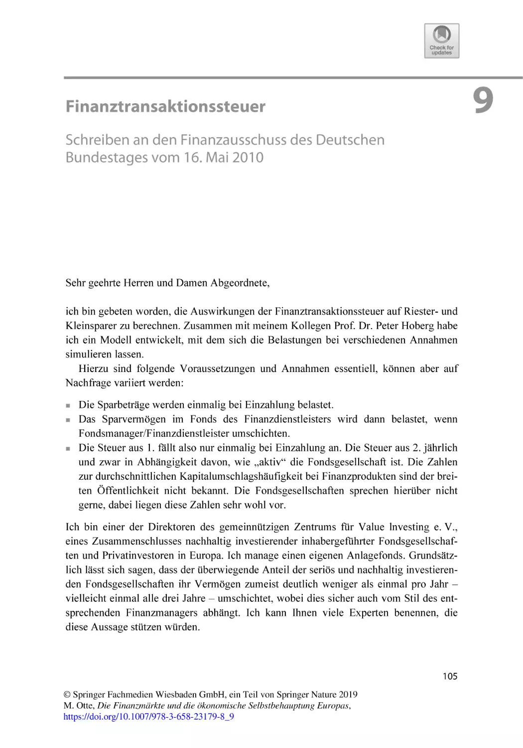 9 Finanztransaktionssteuer. Schreiben an den Finanzausschuss des Deutschen Bundestages vom 16. Mai 2010
