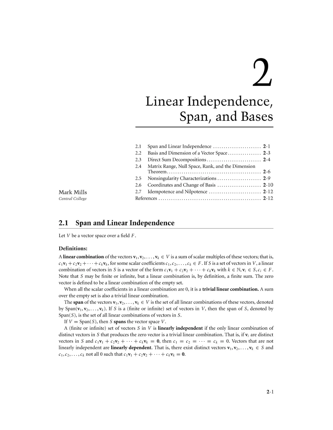 Chapter 2. Linear Independence, Span, and Bases