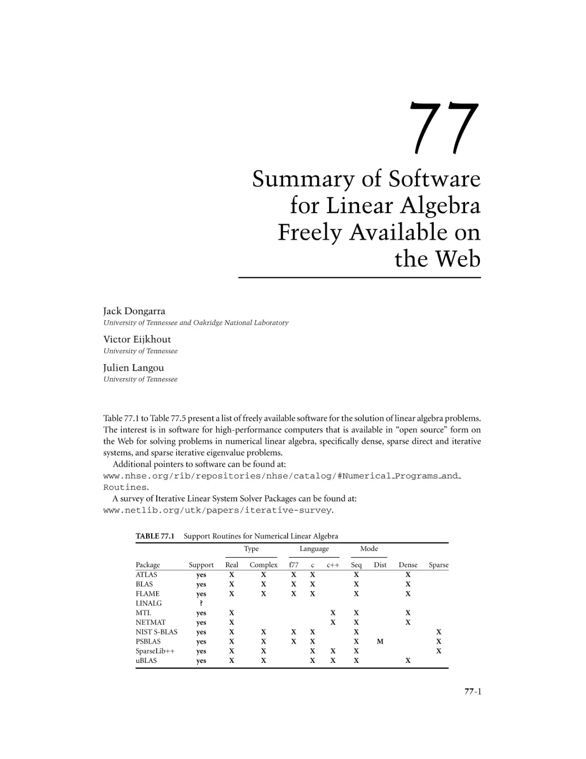 Chapter 77. Summary of Software for Linear Algebra Freely Available on the Web