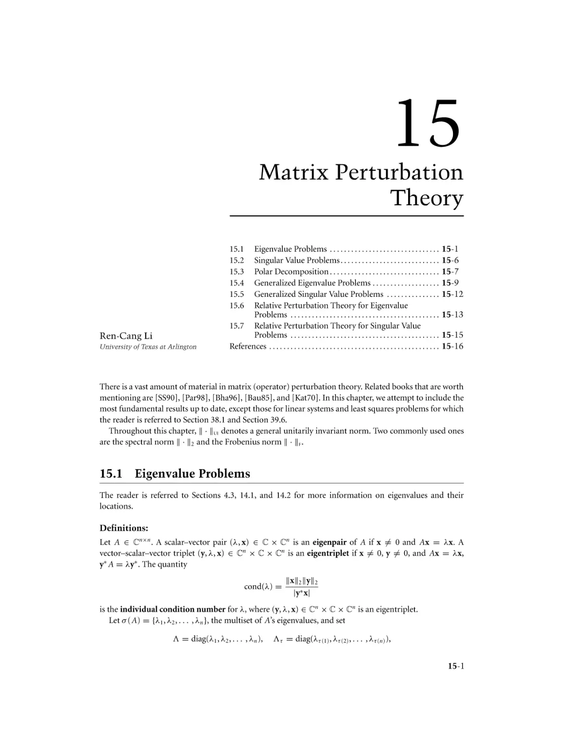 Chapter 15. Matrix Perturbation Theory