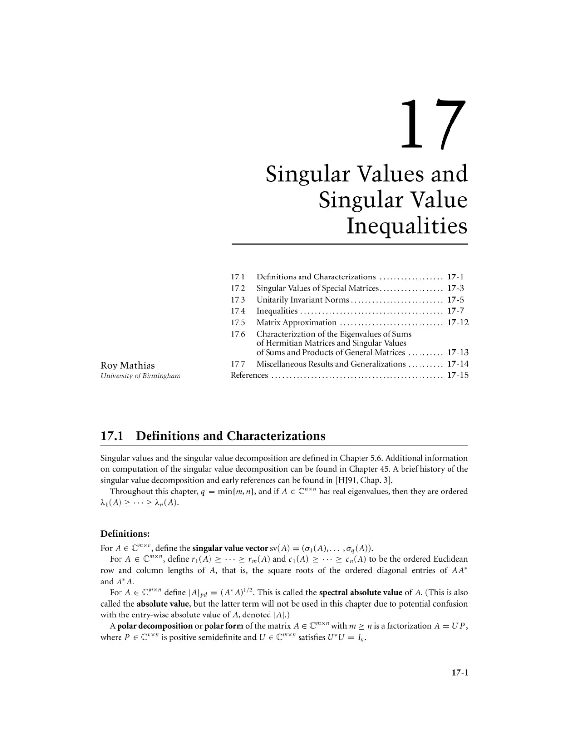 Chapter 17. Singular Values and Singular Value Inequalities