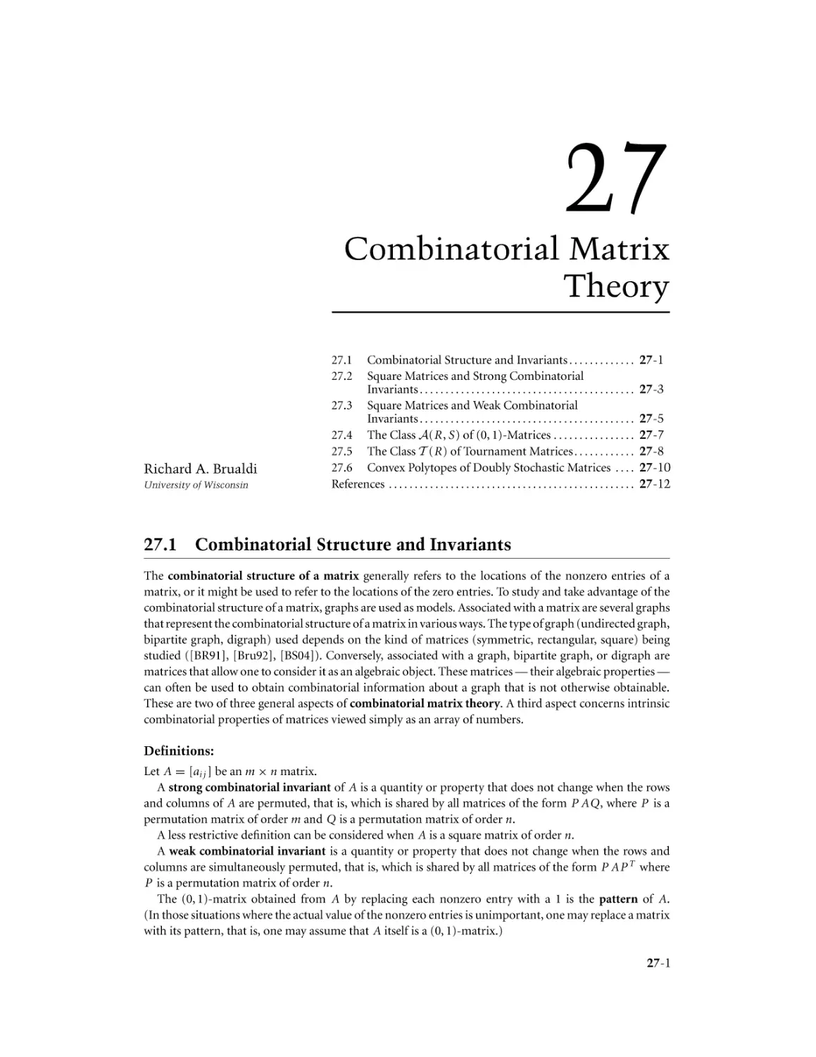 Chapter 27. Combinatorial Matrix Theory