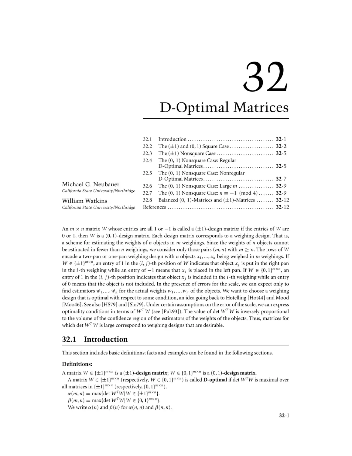 Chapter 32. D-Optimal Matrices