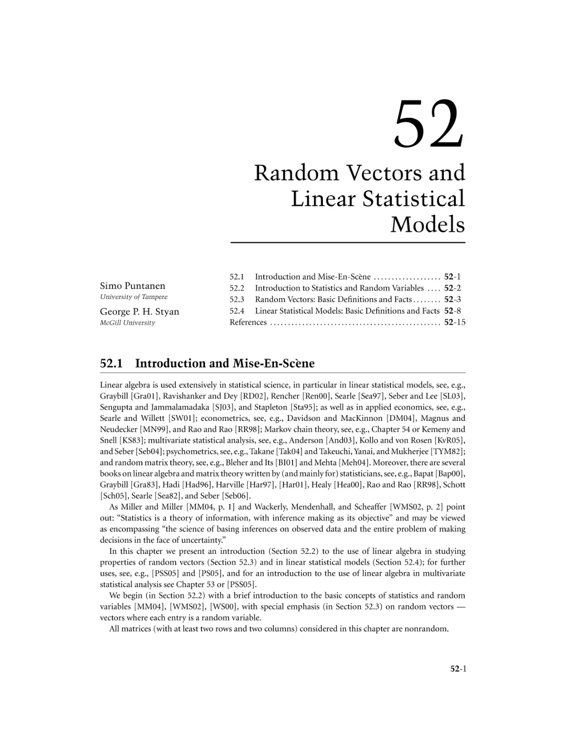 Chapter 52. Random Vectors and Linear Statistical Models