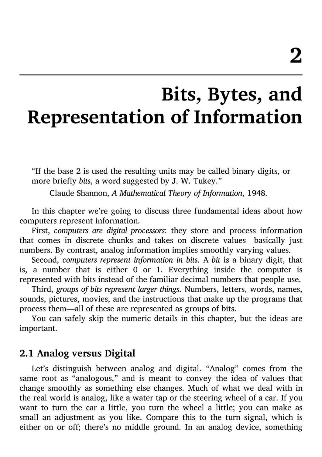 2. Bits, Bytes, and Representation of Information
2.1 Analog versus Digital