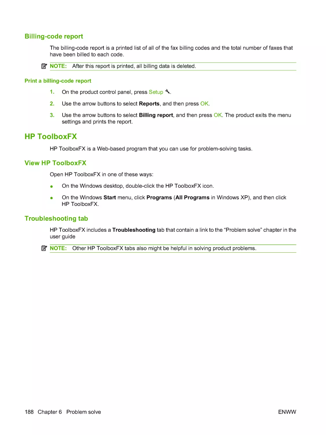 Billing-code report
HP ToolboxFX
Troubleshooting tab