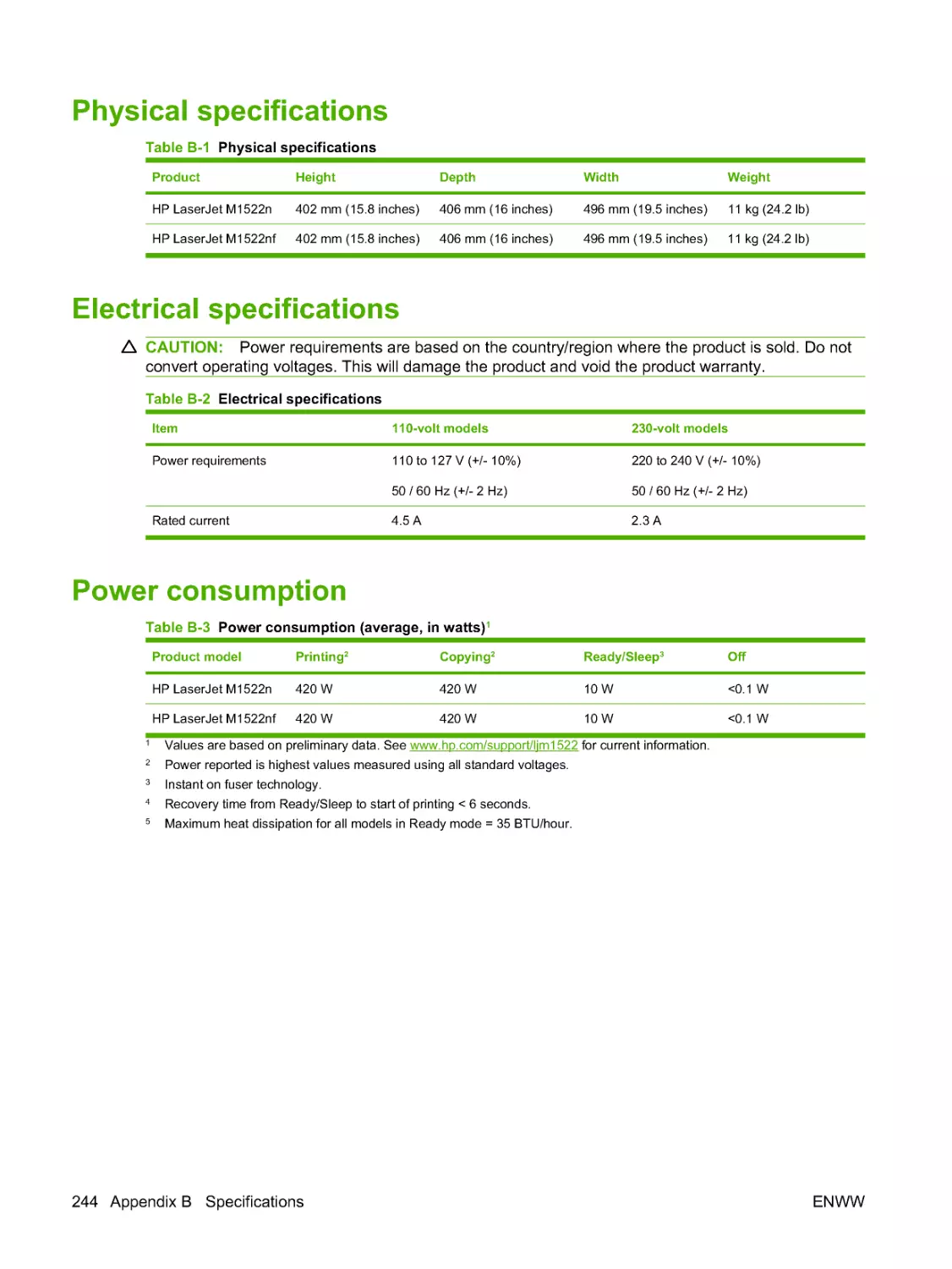 Electrical specifications
Power consumption