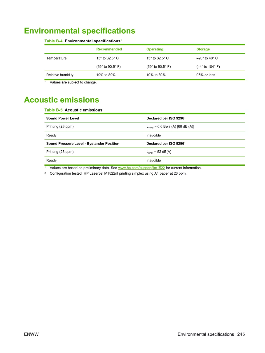 Environmental specifications
Acoustic emissions