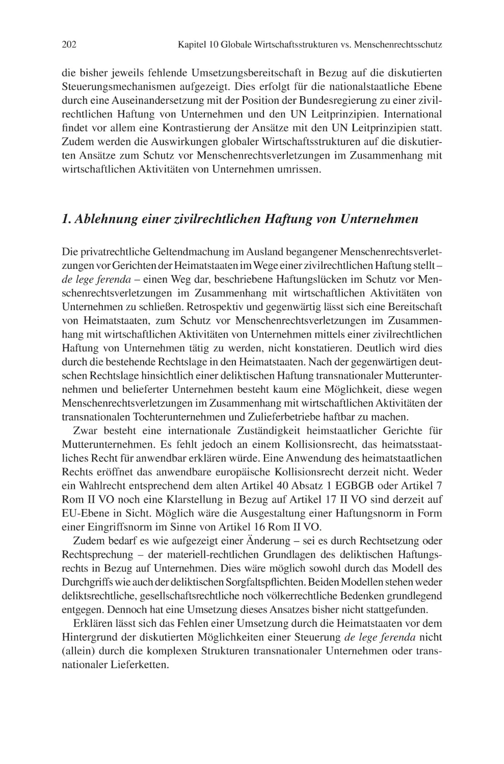 1. Ablehnung einer zivilrechtlichen Haftung von Unternehmen