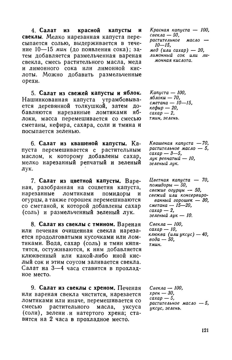 4. Салат из красной капусты и свеклы
5. Салат из свежей капусты и яблок
6. Салат из квашеной капусты
7. Салат из цветной капусты
8. Салат из свеклы с тмином
9. Салат из свеклы с хреном