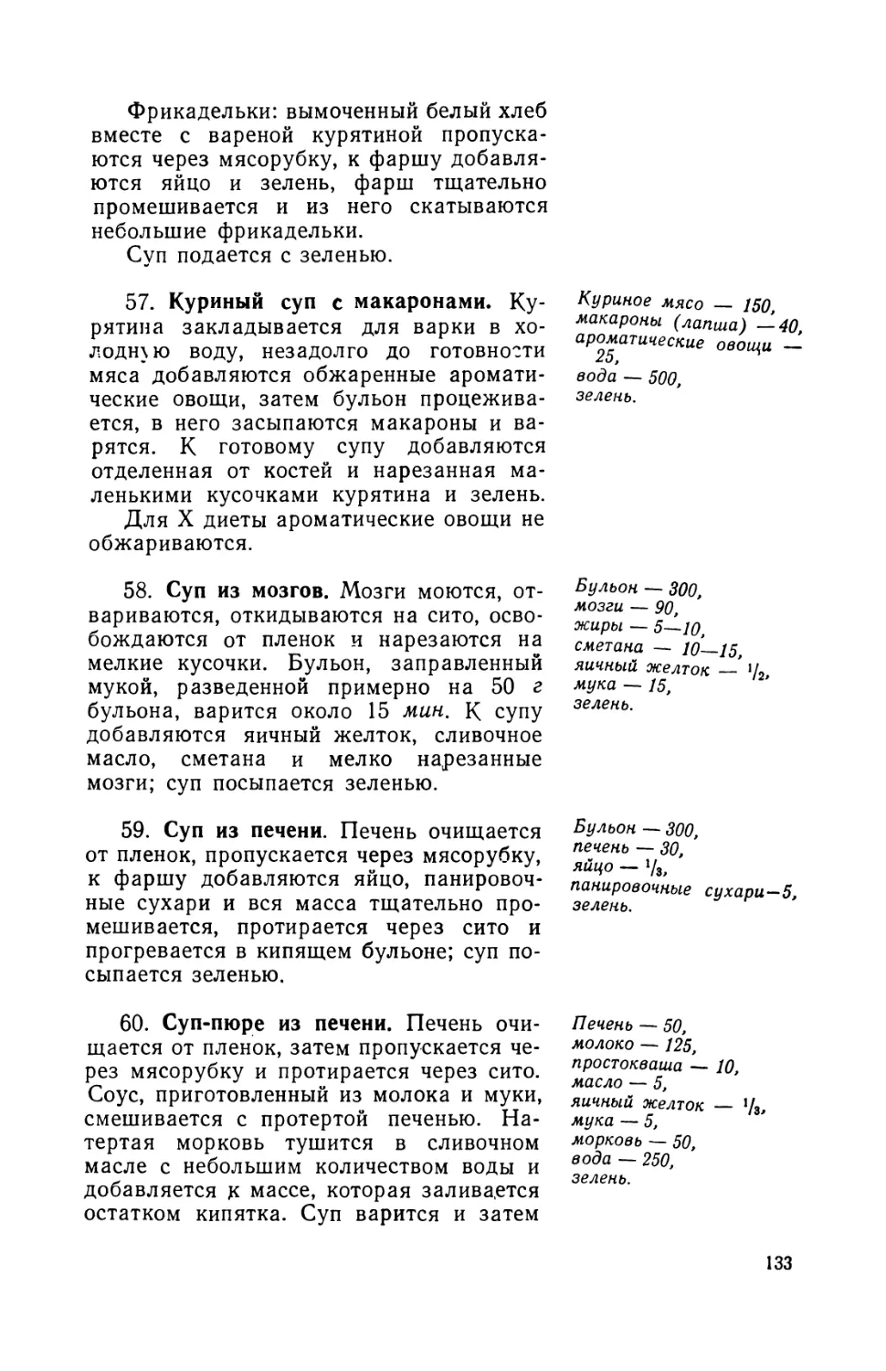 57. Куриный суп с макаронами
58. Суп из мозгов
59. Суп из печени
СО. Суп пюре из печени