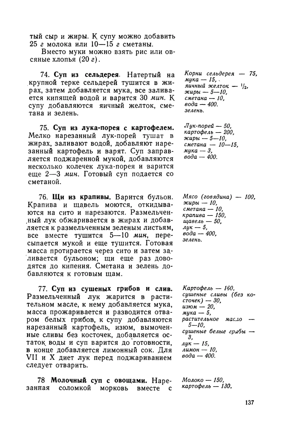 74. Суп из сельдерея
75. Суп из лука-порея с картофелем
76. Щи из крапивы
77. Суп из сушеных грибов и слив
78. Молочным суп с овощами