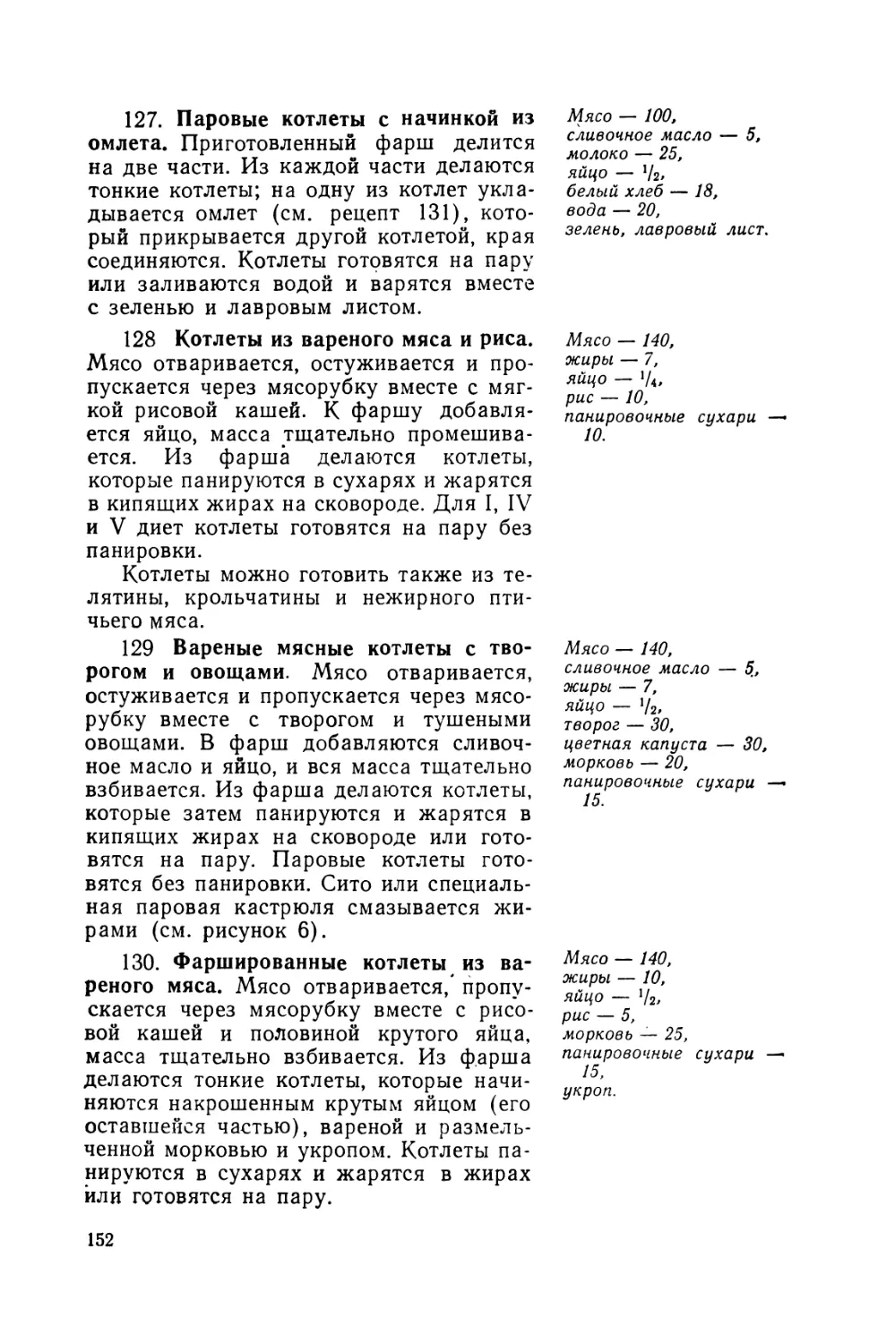 127. Паровые котлеты с начинкой из омлета
128. Котлеты из вареного мяса и риса
129. Вареные мясные котлеты с творогом и овощами
130. Фаршированные котлеты из вареного мяса