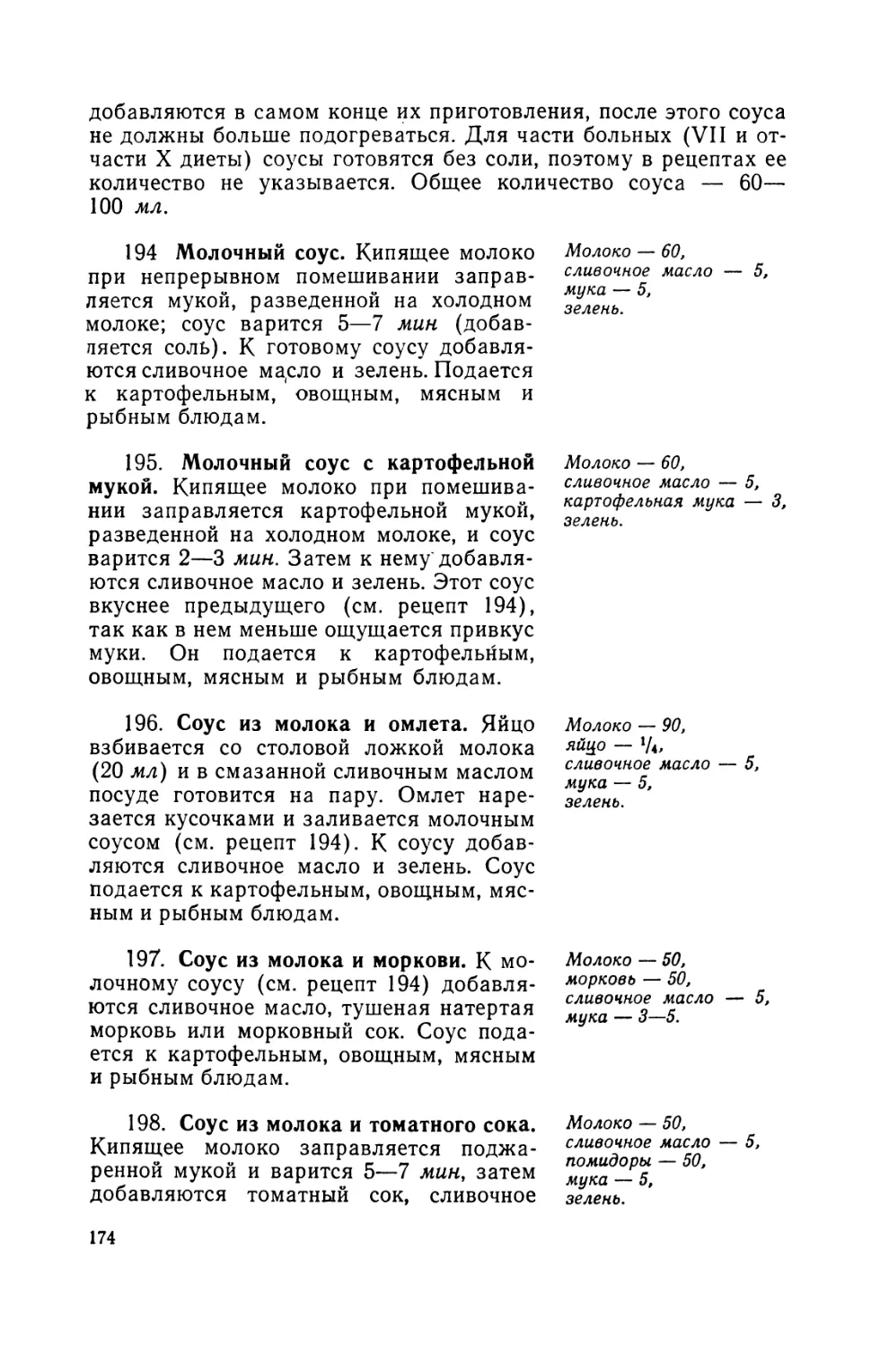 195. Молочный соус с картофельной мукой
196. Соус из молока и омлета
197. Соус из молока и моркови
198. Соус из молока и томатного сока