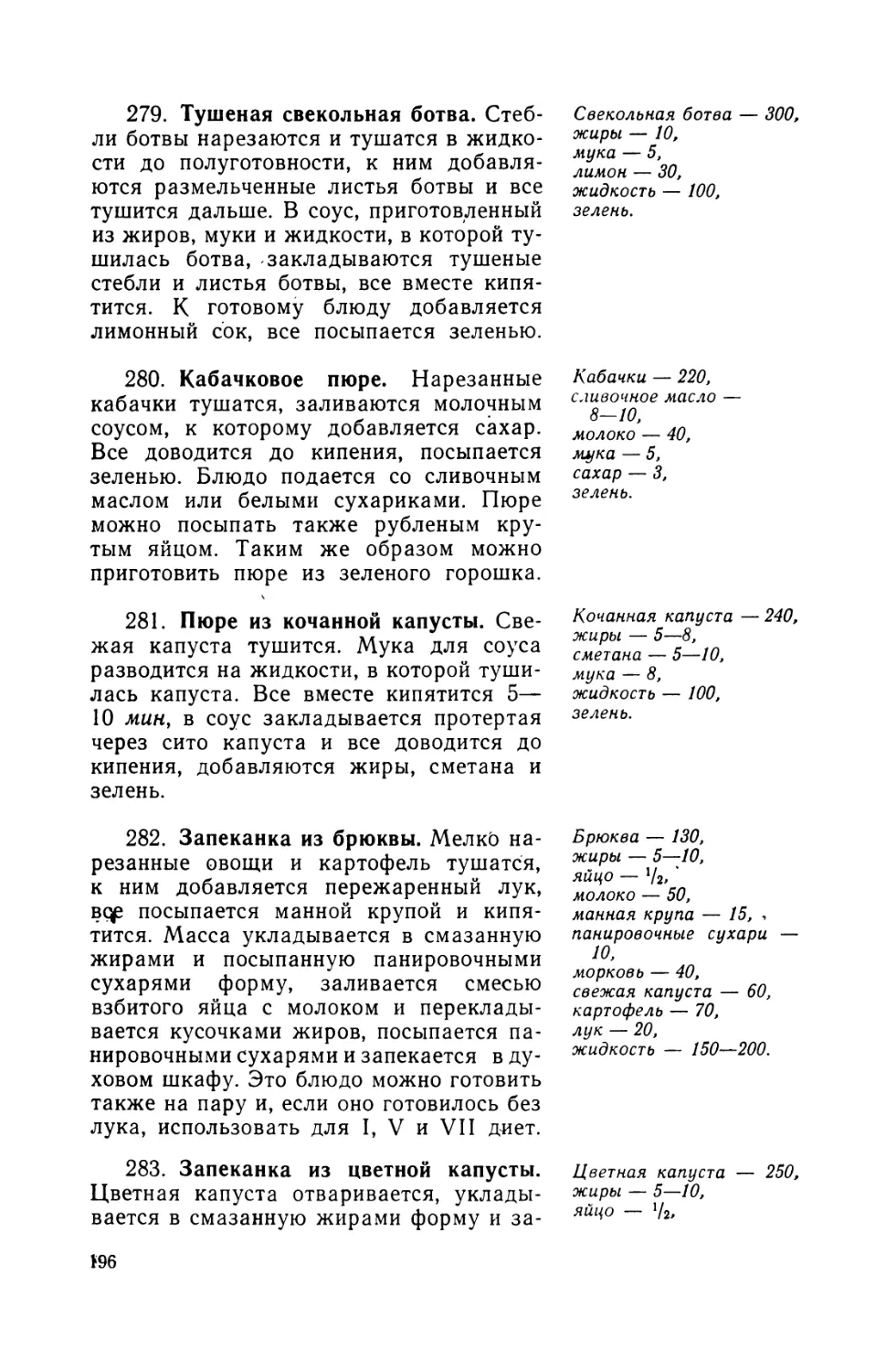 279. Тушеная свекольная ботва
280. Кабачковое пюре
281. Пюре из кочанной капусты
282. Запеканка из брюквы
283. Запеканка из цветной капусты