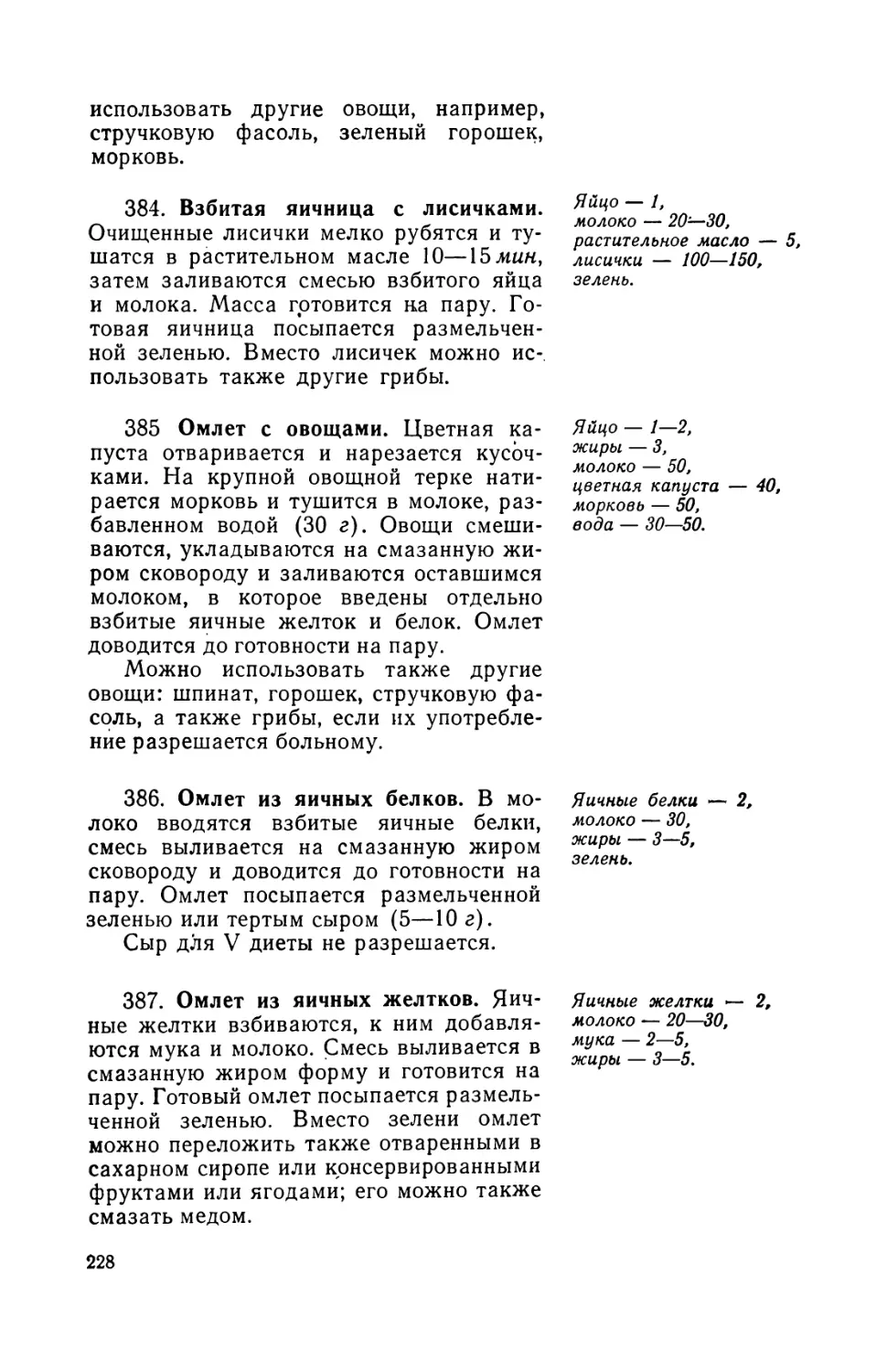 384. Взбитая яичница с лисичками »
385. Омлет с овощами
386. Омлет из яичных белков
387. Омлет из яичных желтков