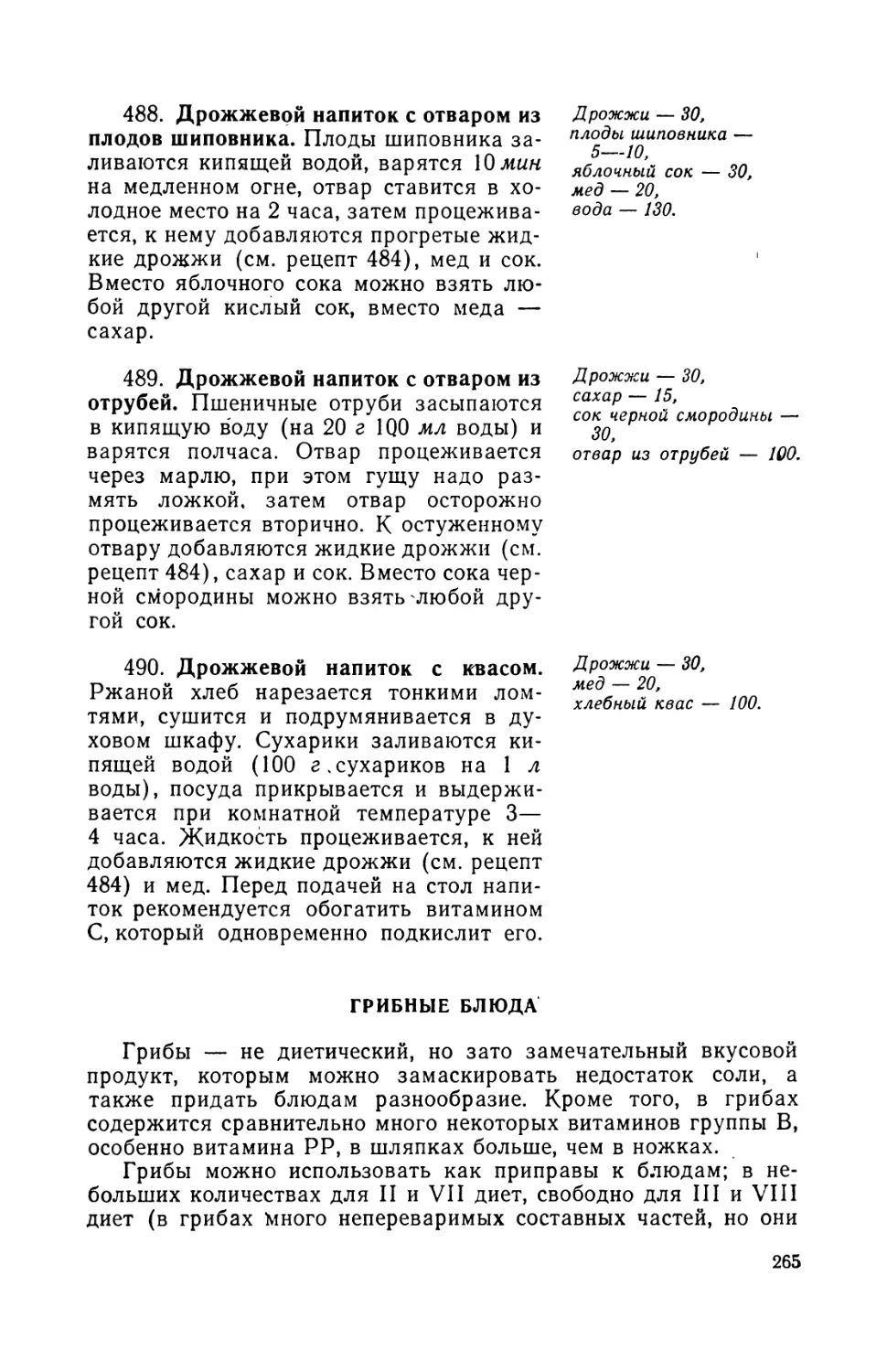 488. Дрожжевой няпиток с отваром из плодов шиповника
489. Дрожжевой напиток с отваром из отрубей
490. Дрожжевой напиток с квасом
Грибные блюда. Л. Делиня