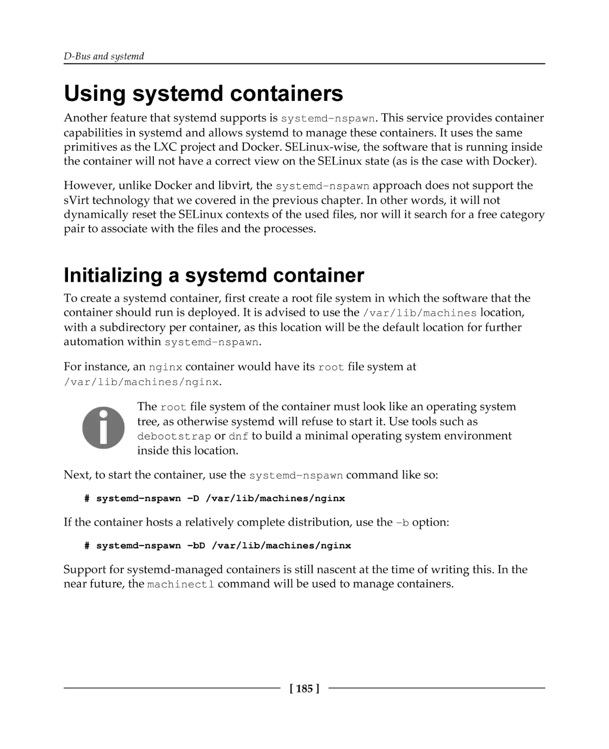Using systemd containers
Initializing a systemd container