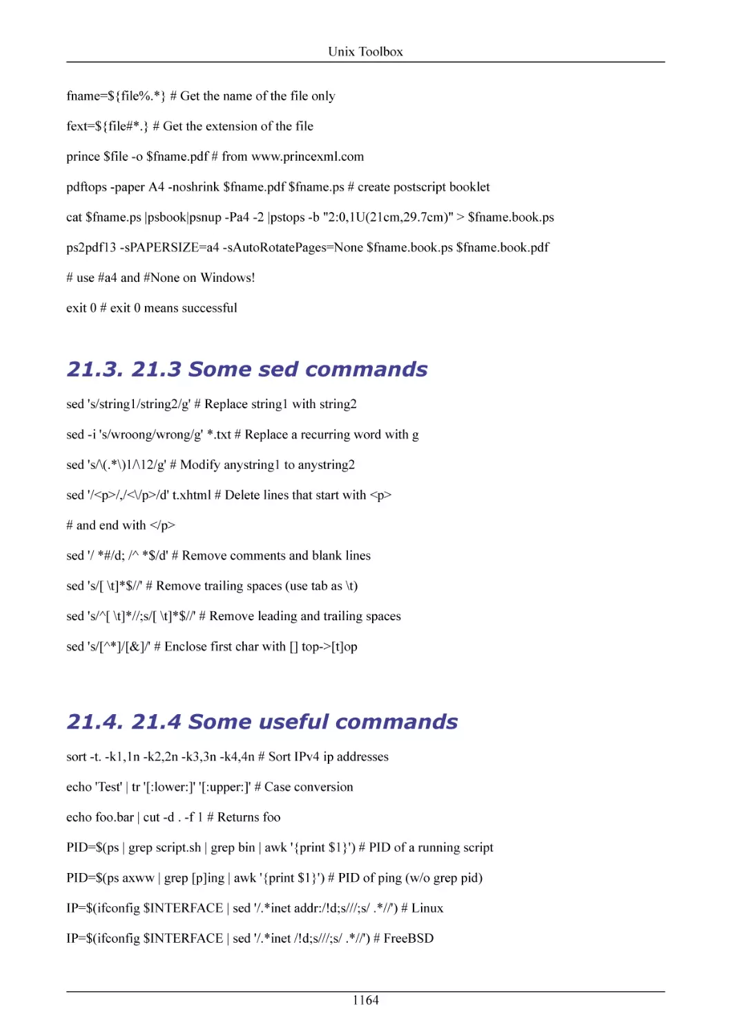 21.3 Some sed commands
21.4 Some useful commands