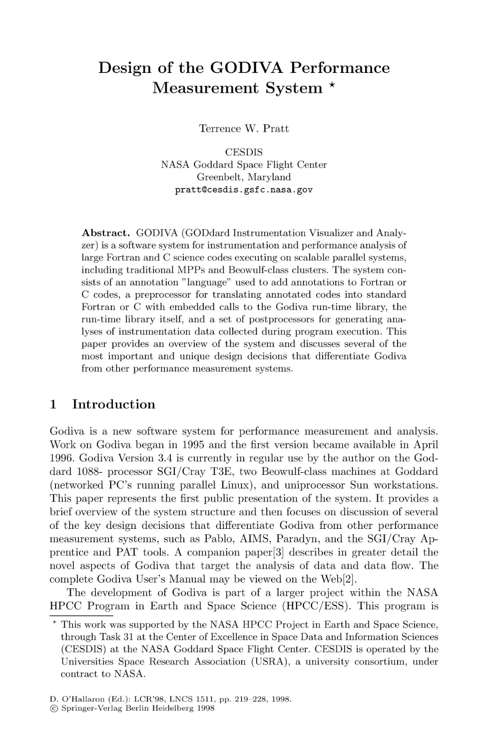 Design of the GODIVA Performance Measurement System
Introduction