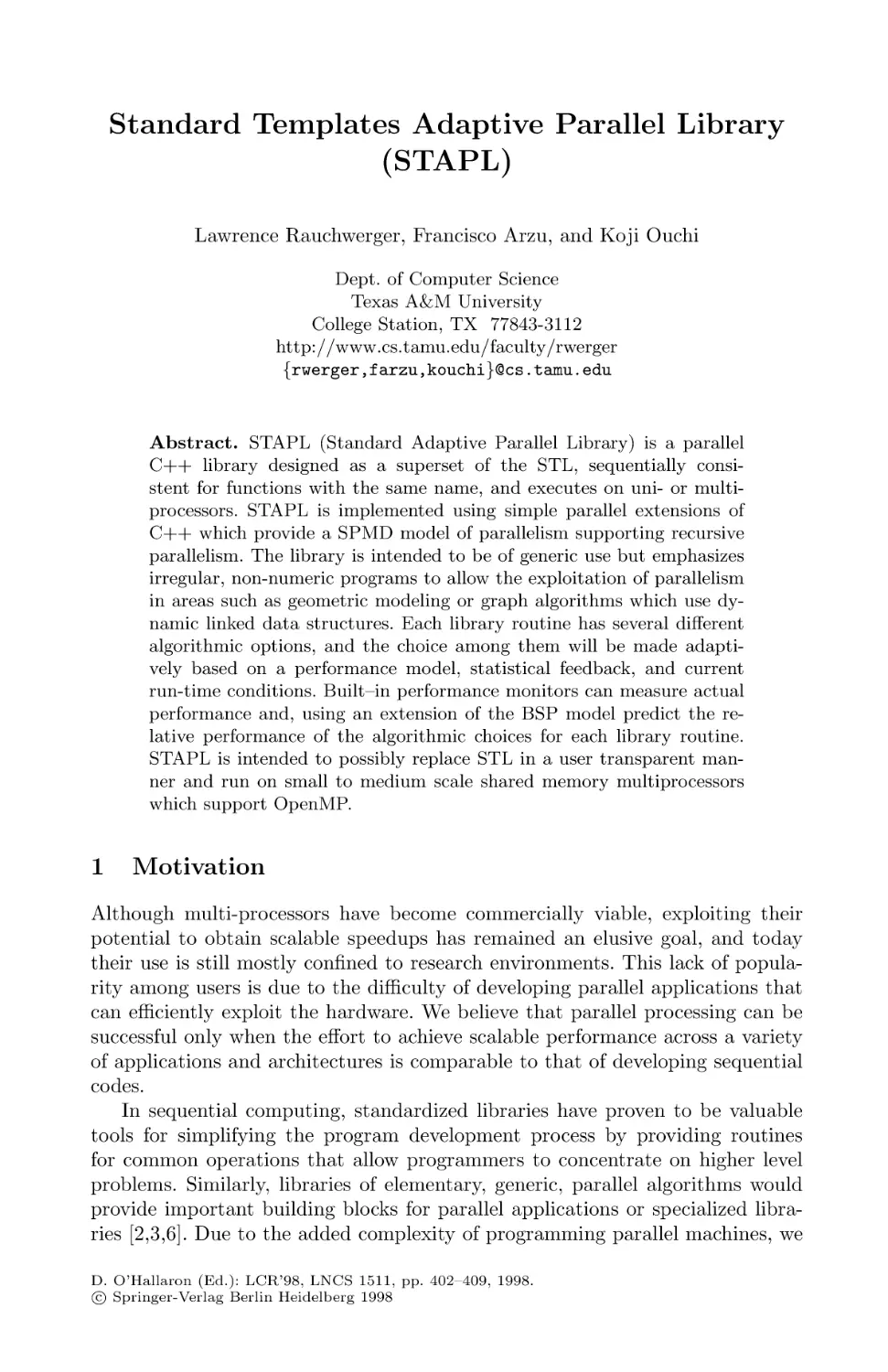 Standard Templates Adaptive Parallel Library (STAPL)
Motivation