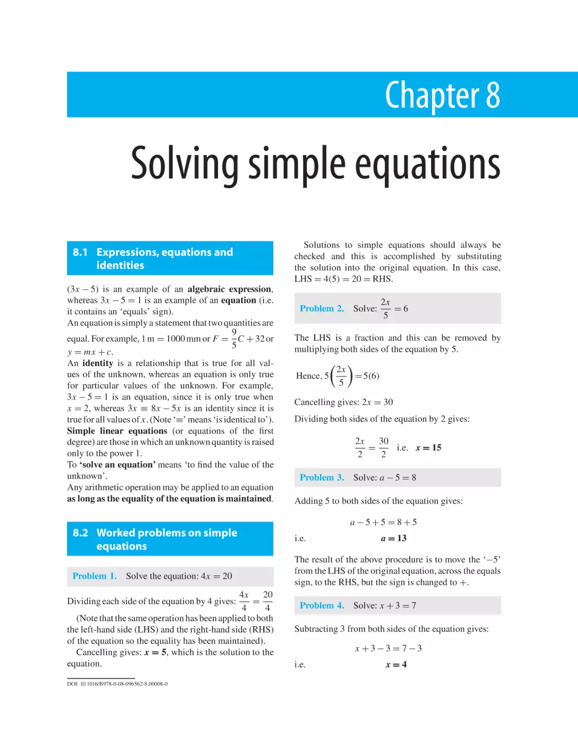 Chapter 8. Solving simple equations
8.1 Expressions, equations and identities
8.2 Worked problems on simple equations