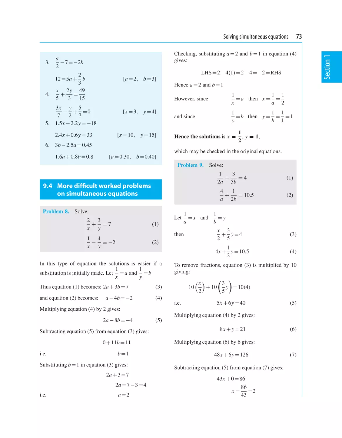 9.4 More difficult worked problems on simultaneous equations