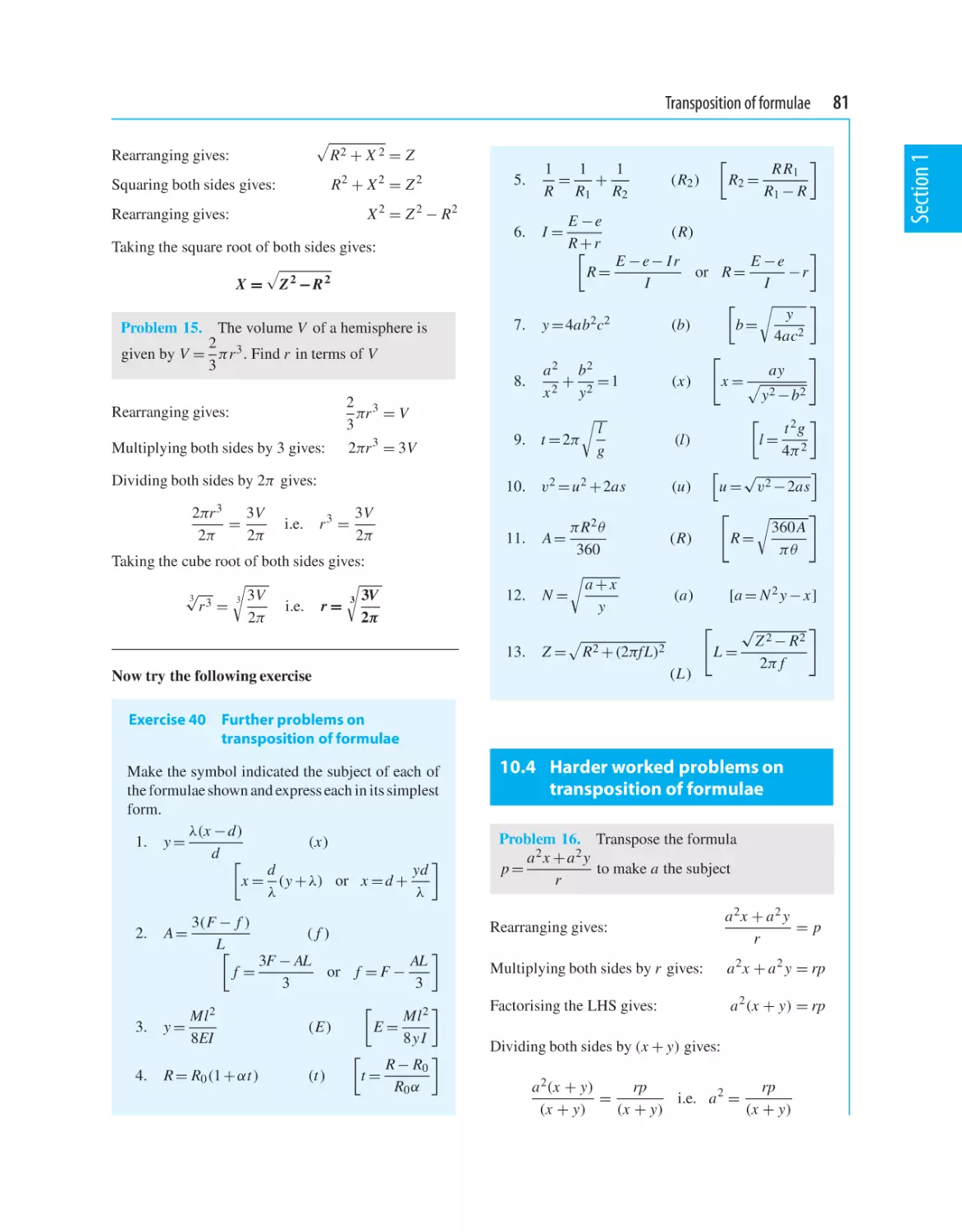10.4 Harder worked problems on transposition of formulae