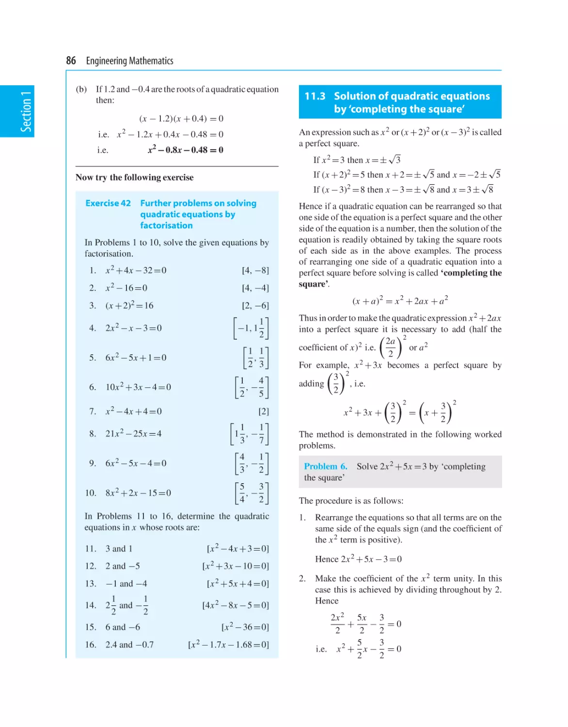 11.3 Solution of quadratic equations by ‘completing the square’