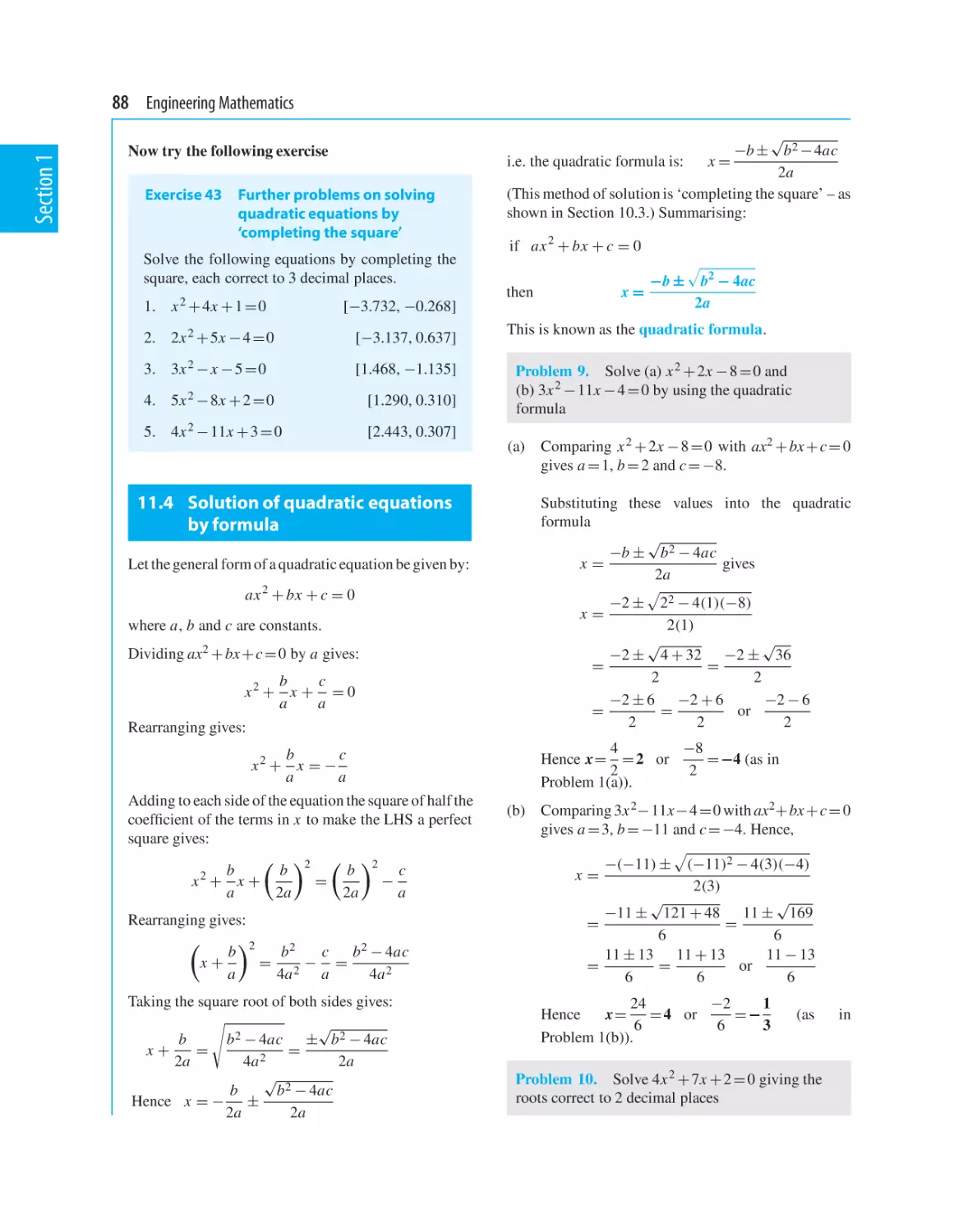 11.4 Solution of quadratic equations by formula