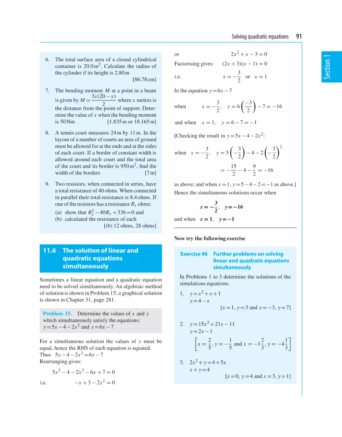 11.6 The solution of linear and quadratic equations simultaneously