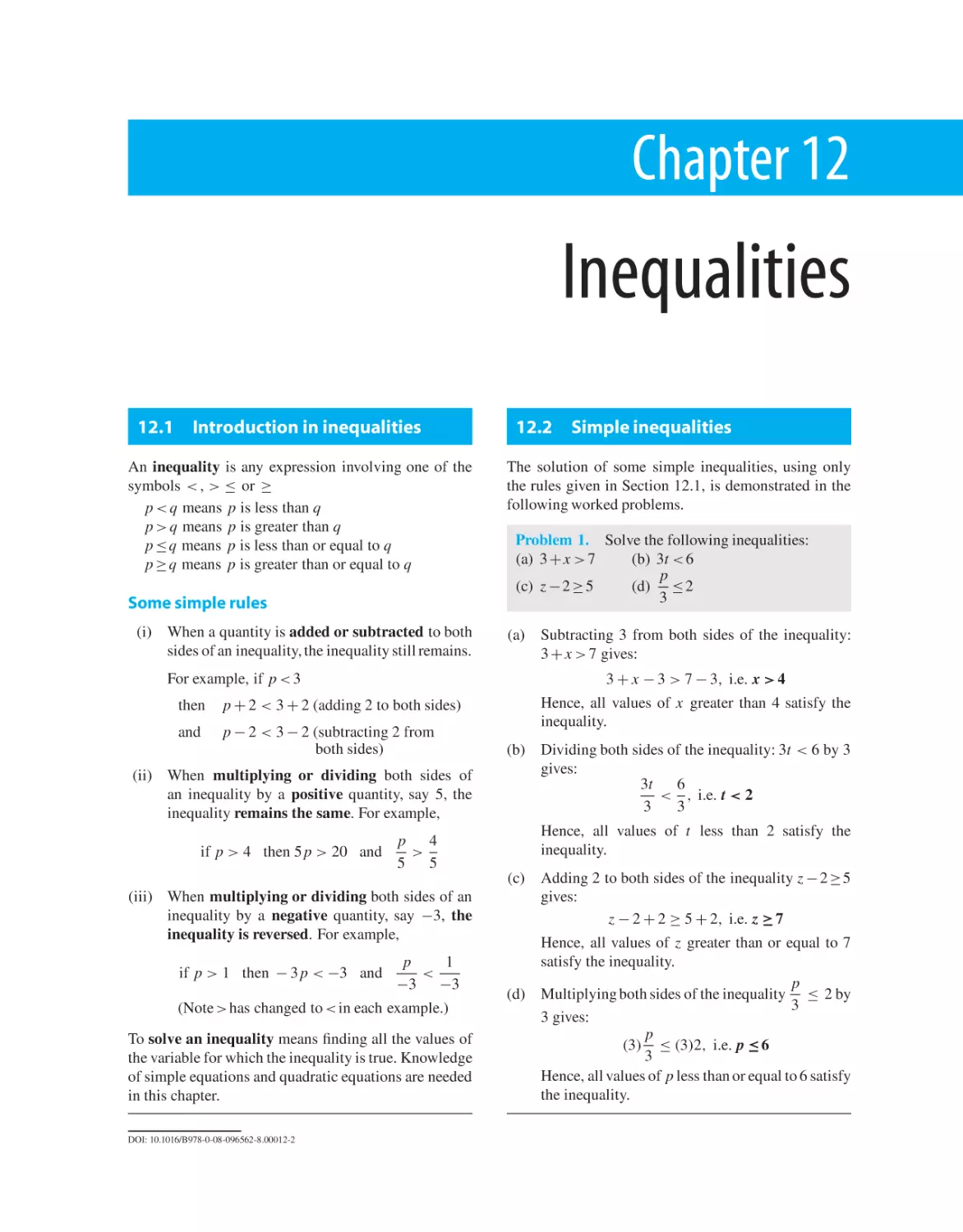 Chapter 12. Inequalities
12.1 Introduction in inequalities
12.2 Simple inequalities