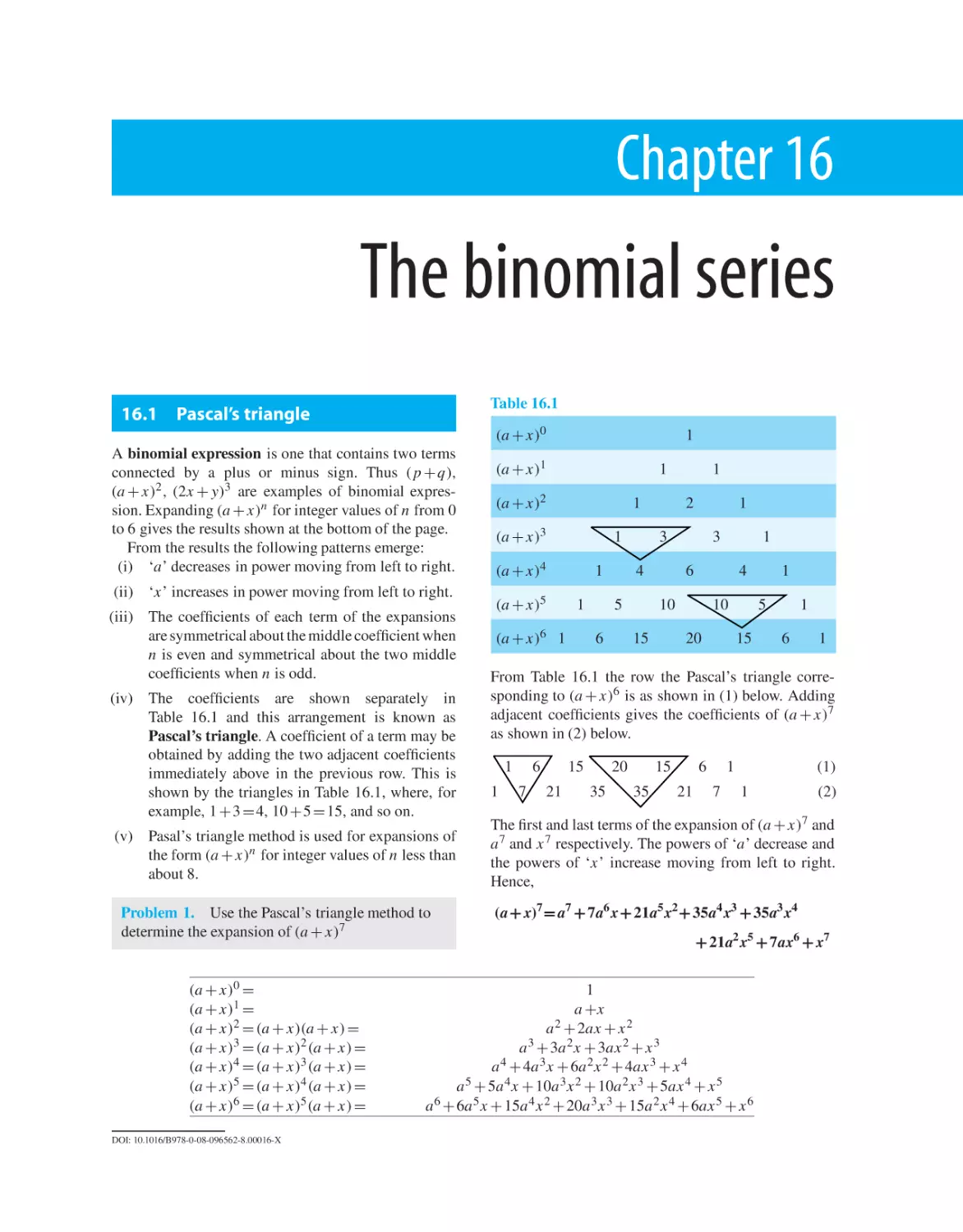 Chapter 16. The binomial series
16.1 Pascal’s triangle