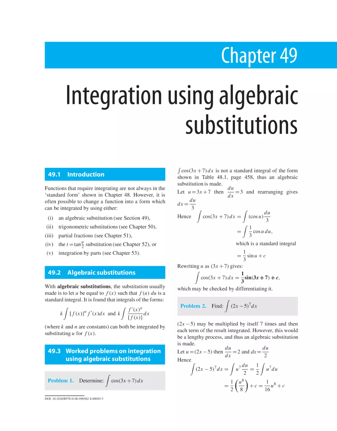 Chapter 49. Integration using algebraic substitutions
49.1 Introduction
49.2 Algebraic substitutions
49.3 Worked problems on integration using algebraic substitutions
