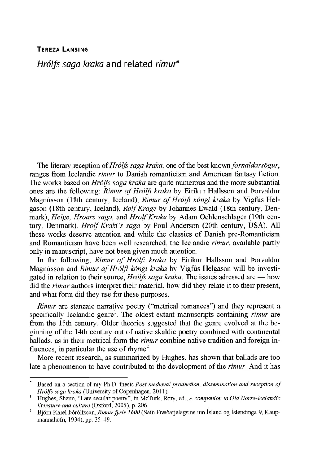 Tereza Lansing. Hrolfs saga kraka and related rimur / Тереза Лансинг «Сага о Хрольве Жердинке» и связанные с ней римы