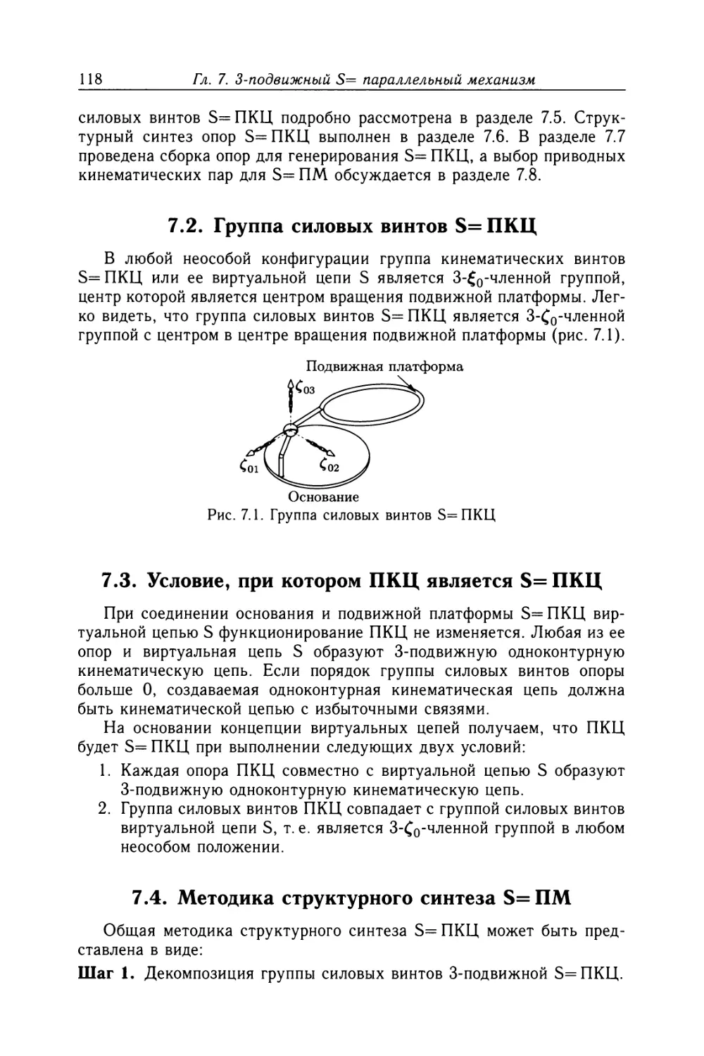 7.2. Группа силовых винтов S=ПКЦ
7.3. Условие, при котором ПКЦ является S=ПКЦ
7.4. Методика структурного синтеза S=ПМ