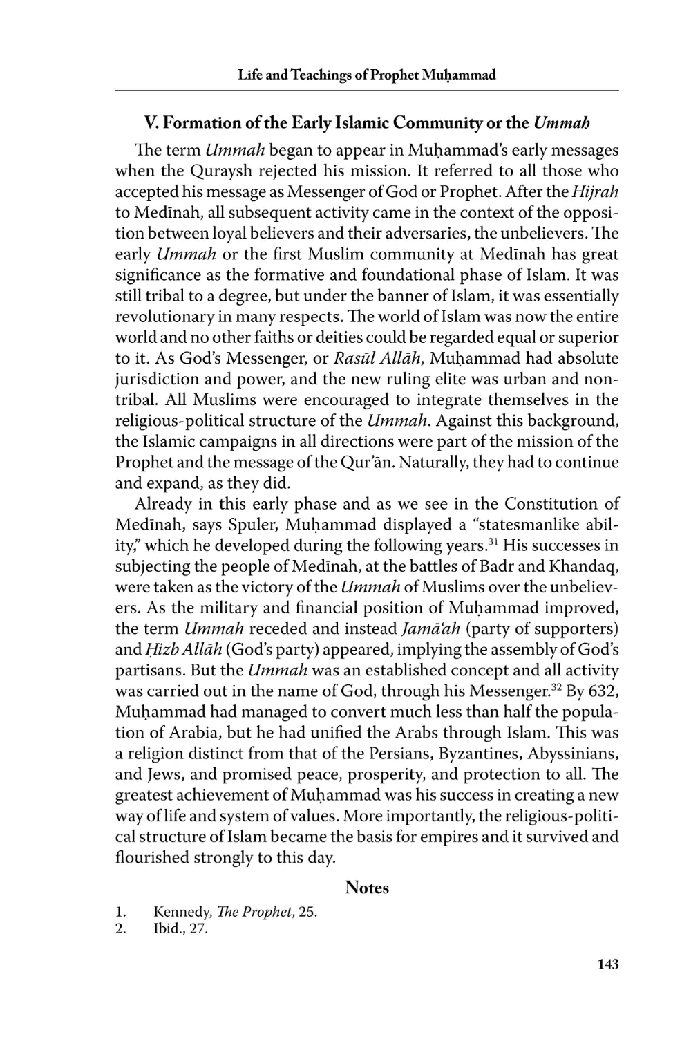V. Formation of the Early Islamic Community or the  Ummah