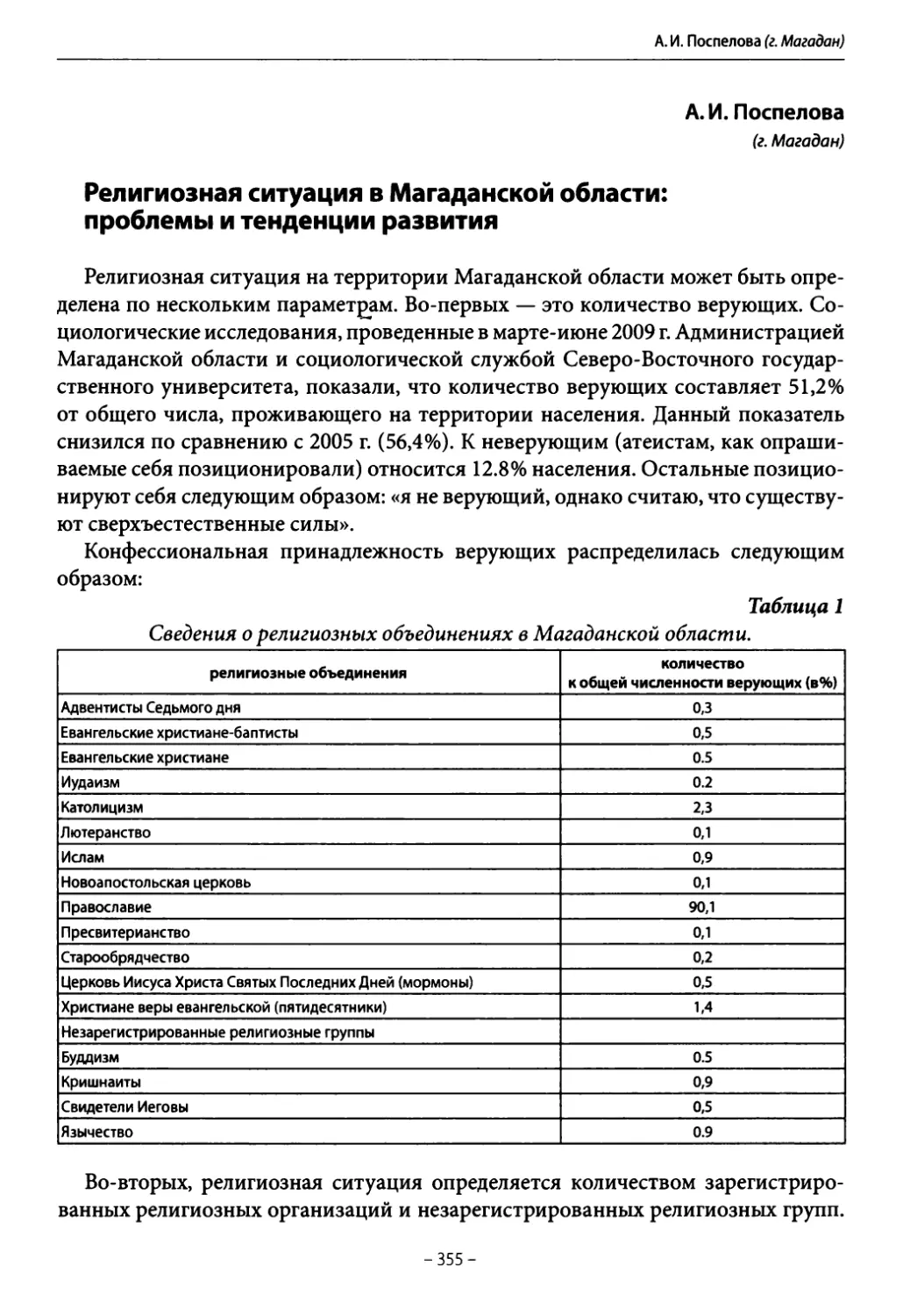 Поспелова А. И. Религиозная ситуация в Магаданской области: проблемы и тенденции развития