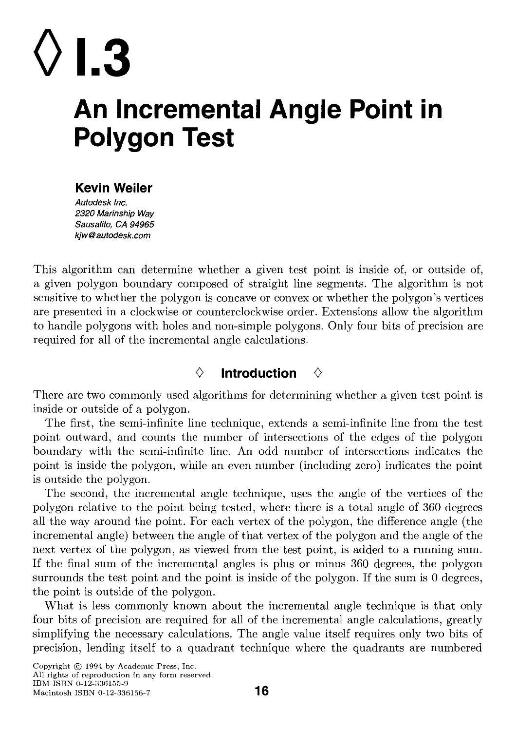 I.3. An Incremental Angle Point in Polygon Test by Kevin Weiler