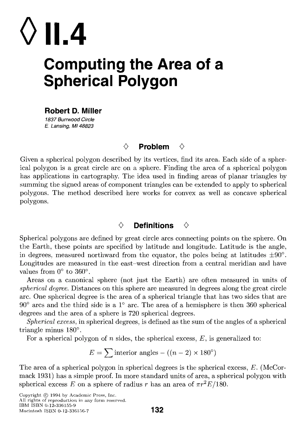 II.4. Computing the Area of a Spherical Polygon by Robert D. Miller