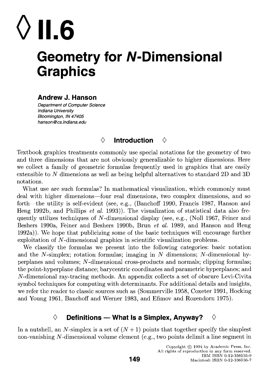 II.6. Geometry for A/-Dimensional Graphics by Andrew J. Hanson